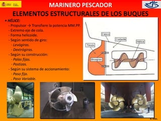 A. Díez. 
MARINERO PESCADOR 
ELEMENTOS ESTRUCTURALES DE LOS BUQUES 
• HÉLICE: 
- Propulsor → Transfiere la potencia MM.PP. 
- Extremo eje de cola. 
- Forma helicoide. 
- Según sentido de giro: 
· Levógiras. 
· Dextrógiras. 
- Según su construcción: 
· Palas fijas. 
· Postizas. 
- Según su sistema de accionamiento: 
· Paso fijo. 
. Paso Variable. 
 