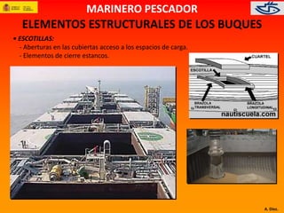 A. Díez. 
MARINERO PESCADOR 
ELEMENTOS ESTRUCTURALES DE LOS BUQUES 
• ESCOTILLAS: 
- Aberturas en las cubiertas acceso a los espacios de carga. 
- Elementos de cierre estancos. 
 
