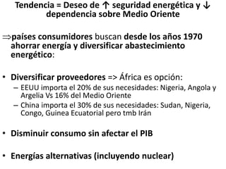 Tendencia = Deseo de ↑ seguridad energética y ↓
dependencia sobre Medio Oriente
países consumidores buscan desde los años 1970
ahorrar energía y diversificar abastecimiento
energético:
• Diversificar proveedores => África es opción:
– EEUU importa el 20% de sus necesidades: Nigeria, Angola y
Argelia Vs 16% del Medio Oriente
– China importa el 30% de sus necesidades: Sudan, Nigeria,
Congo, Guinea Ecuatorial pero tmb Irán
• Disminuir consumo sin afectar el PIB
• Energías alternativas (incluyendo nuclear)
 