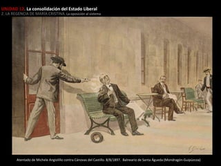 UNIDAD 12. La consolidación del Estado Liberal

2. LA REGENCIA DE MARÍA CRISTINA. La oposición al sistema

Atentado de Michele Angiolillo contra Cánovas del Castillo. 8/8/1897. Balneario de Santa Águeda (Mondragón-Guipúzcoa)

 