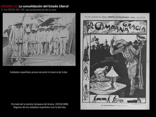 UNIDAD 12. La consolidación del Estado Liberal
3. LA CRISIS DEL 98. Las consecuencias de la crisis

Soldados españoles presos durante la Guerra de Cuba

Portada de la revista Campana de Gracia. 29/10/1898.
Regreso de los soldados españoles tras la derrota.

 
