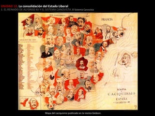 UNIDAD 12. La consolidación del Estado Liberal

1. EL REINADO DE ALFONSO XII Y EL SISTEMA CANOVISTA . El Sistema Canovista

Mapa del caciquismo publicado en la revista Gedeon.

 