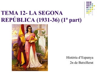 TEMA 12- LA SEGONA
REPÚBLICA (1931-36) (1ª part)
Història d’Espanya
2n de Batxillerat
 