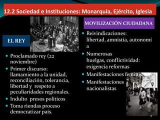 12.2 Sociedad e Instituciones: Monarquía, Ejército, Iglesia
MOVILIZACIÓN CIUDADANA

 Reivindicaciones:

EL REY
 Proclama...