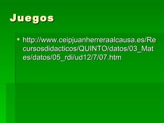 Juegos

 http://www.ceipjuanherreraalcausa.es/Re
  cursosdidacticos/QUINTO/datos/03_Mat
  es/datos/05_rdi/ud12/7/07.htm
 