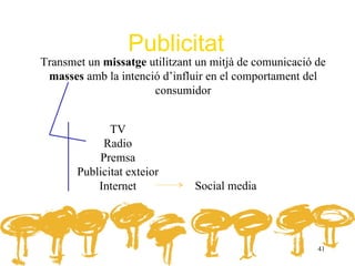 Publicitat
Transmet un missatge utilitzant un mitjà de comunicació de
 masses amb la intenció d’influir en el comportament del
                      consumidor


              TV
            Radio
           Premsa
       Publicitat exteior
           Internet            Social media




                                                        41
 