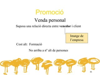 Promoció
             Venda personal
Suposa una relació directa entre venedor i client

                                          Imatge de
                                          l’empresa
Cost alt: Formació
         No arriba a nº alt de persones




                                                      46
 