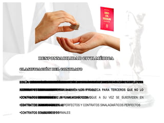 SEGÚN SURJAN OBLIGACIONES PARA UNA O PARA AMBAS PARTES DE UN CONTRATO:
•CONTRATOS UNILATERALES.
•CONTRATOS BILATERALES O SINALAGMÁTICOS, QUE A SU VEZ SE SUBDIVIDEN EN
CONTRATOS SINALAGMÁTICOS IMPERFECTOS Y CONTRATOS SINALAGMÁTICOS PERFECTOS
SEGÚN EL FIN POR LAS PARTES A CONTRATAR:
•CONTRATOS GRATUITOS.
•CONTRATOS ONEROSOS
SEGÚN QUE LA DETERMINACIÓN DE LAS PRESTACIONES DE UNA O ALGUNAS DE LAS PARTES
DEPENDA O NO DE UN HECHO CASUAL:
•CONTRATOS ALEATORIOS.
•CONTRATOS CONMUTATIVOS
SEGÚN SU MODO DE PERFECCIONAMIENTO, O SEGÚN SUS REQUISITOS EXTRÍNSECOS, COMO
AFIRMA PARTE DE LA DOCTRINA:
•CONTRATOS REALES.
•CONTRATOS CONSENSUALES
•CONTRATOS SOLEMNES O FORMALES
SEGÚN SU CARÁCTER:
•CONTRATOS PREPARATORIOS.
•CONTRATOS PRINCIPALES
•CONTRATOS ACCESORIOS
SEGÚN LA DURACIÓN DE LA ENAJENACIÓN DE LAS PRESTACIONES:
•CONTRATOS DE TRACTO O CUMPLIMIENTO INSTANTÁNEO
•CONTRATOS DE TRACTO O CUMPLIMIENTO SUCESIVO
SEGÚN LAS NORMAS LEGALES QUE REGULAN :
•CONTRATOS NOMINADOS
•CONTRATOS INNOMINADOS
SEGÚN LA SITUACIÓN DE IGUALDAD :
•CONTRATOS PARITARIOS
•CONTRATOS DE ADHESIÓN
SEGÚN QUE EL CONTRATO PRODUZCA EFECTOS OBLIGATORIOS EXCLUSIVAMENTE PARA
LAS PARTES CONTRATANTES O TAMBIÉN LOS PRODUZCA PARA TERCEROS QUE NO LO
HAYAN CONVENIDO:
•CONTRATOS INDIVIDUALES
•CONTRATOS COLECTIVOS
SEGÚN LA NATURALEZA PERSONAL DE LA PRESTACIÓN DE UNA O ALGUNAS DE LAS
PARTES :
•CONTRATOS ORDINARIOS
•CONTRATOS INTUITU PERSONAE
POR RAZÓN DE LA EXPRESIÓN DE LA CAUSA DEL CONTRATO :
•CONTRATOS ABSTRACTOS
•CONTRATOS CAUSADOS
 
