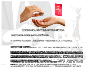 EL CONTRATO TIENE TODOS LOS ELEMENTOS Y REQUISITOS DE UN ACTO JURÍDICO:
ELEMENTOS DE EXISTENCIA
CONSENTIMIENTO. SE ENTIENDE COMO LA VOLUNTAD MANIFIESTA
OBJETO QUE PUEDA SER MATERIA DE CONTRATO
SOLEMNIDAD. ES EL CONJUNTO DE REQUISITOS LEGALES PARA LA VALIDEZ DE CIERTOS
ACTOS JURÍDICOS Y DE OTROS INSTRUMENTOS QUE LA LEY DENOMINA PÚBLICOS Y SOLEMNES
ARTÍCULO 1.141 DEL CÓDIGO CIVIL: “LAS CONDICIONES REQUERIDAS PARA LA EXISTENCIA DEL
CONTRATO SON:
1ª CONSENTIMIENTO DE LAS PARTES.
2ª OBJETO QUE PUEDA SER MATERIA DEL CONTRATO.
3ª CAUSA LÍCITA”.
ELEMENTOS DE VALIDEZ
CAPACIDAD. LA CAPACIDAD JURÍDICA ES, EN DERECHO, LA APTITUD PARA SER TITULAR DE
DERECHOS Y OBLIGACIONES; DE RECLAMAR LOS PRIMEROS Y CONTRAER LOS SEGUNDOS EN
FORMA PERSONAL Y COMPARECER A JUICIO POR PROPIO DERECHO
FALTA DE VICIOS DE LA VOLUNTAD. SE REFIERE A QUE LA VOLUNTAD SE EXPRESE SIN VICIO
ALGUNO (ERROR, DOLO O LESIÓN.) Y QUE SEA UNA VOLUNTAD LIBRE, DEFINIDA Y CIERTA
LICITUD EN EL OBJETO, MOTIVO O FIN. LA LICITUD CIVIL SE REFIERE A LAS ACCIONES U
OMISIONES QUE SE ENCUENTRAN DENTRO DE UN MARCO LEGAL, ES DECIR, AQUELLO QUE UNA
PERSONA PUEDE HACER O NO HACER
FORMA. LA FORMA ES EL MODO EN QUE LAS PARTES MANIFIESTAN SU VOLUNTAD DE CELEBRAR
EL CONTRATO
ARTÍCULO 1.142 DEL CÓDIGO CIVIL: “EL CONTRATO PUEDE SER ANULADO:
1º-POR INCAPACIDAD LEGAL DE LAS PARTES O DE UNA DE ELLAS, Y
2º-POR VICIOS DEL CONSENTIMIENTO”
CAPACIDAD DE GOCE (LA APTITUD JURÍDICA PARA SER TITULAR DE DERECHOS SUBJETIVOS,
COMÚNMENTE DENOMINADA TAMBIÉN COMO CAPACIDAD JURÍDICA) Y CAPACIDAD DE EJERCICIO
(APTITUD JURÍDICA PARA EJERCER DERECHOS Y CONTRAER OBLIGACIONES SIN
REPRESENTACIÓN DE TERCEROS, DENOMINADA TAMBIÉN COMO CAPACIDAD DE ACTUAR)
 