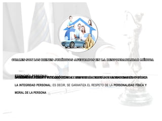 LA VIDA ES EL OBJETO TUTELADO POR EXCELENCIA EN EL DELITO DE LA RESPONSABILIDAD MÉDICA
DIGNIDAD, PUEDE SER ENTENDIDA COMO EL RESPETO QUE TIENE LA PERSONA COMO TAL
INTEGRIDAD FÍSICA Y PSICOLÓGICA LA CONSTITUCIÓN, ADEMÁS DE LA VIDA TAMBIÉN PROTEGE
LA INTEGRIDAD PERSONAL; ES DECIR, SE GARANTIZA EL RESPETO DE LA PERSONALIDAD FÍSICA Y
MORAL DE LA PERSONA
ECONOMÍA PERSONAL
 