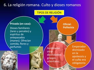 6. La religión romana. Culto y dioses romanos
                         TIPOS DE RELIGIÓN


   Privada (en casa):                          Oficial:
   Dioses familiares                           Politeísta
   (lares y penates) y
   espíritus de
   antepasados
   (manes). Ofrecían
   comida, flores y
   perfumes                                            Emperador
                                Asimilaron
                                                       divinizado
                                otras
                                                       en la
                                divinidades:
                                                       apoteosis y
                                griegas,
                                                       el culto era
                                orientales…
                                                       obligatorio
 