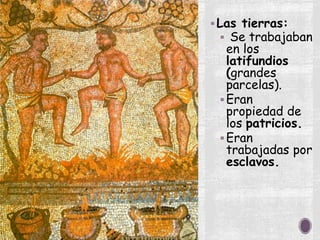 Las tierras:
 Se trabajaban
en los
latifundios
(grandes
parcelas).
Eran
propiedad de
los patricios.
Eran
trabajadas por
esclavos.
 