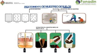PROCEDIMIENTODEMUESTREODESUELOS
TIPOS DE MUESTREO SELECCIÓN y LIMPIEZA DEL ÁREA DE MUESTREO
EXTRACCIÓN DE LA MUESTRA SIMPLE DE
SUELO a 20 cm
1 2 4
3
 