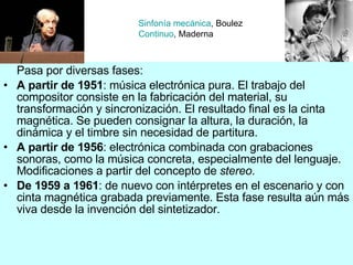Pasa por diversas fases: A partir de 1951 : música electrónica pura. El trabajo del compositor consiste en la fabricación del material, su transformación y sincronización. El resultado final es la cinta magnética. Se pueden consignar la altura, la duración, la dinámica y el timbre sin necesidad de partitura. A partir de 1956 : electrónica combinada con grabaciones sonoras, como la música concreta, especialmente del lenguaje. Modificaciones a partir del concepto de  stereo . De 1959 a 1961 : de nuevo con intérpretes en el escenario y con cinta magnética grabada previamente. Esta fase resulta aún más viva desde la invención del sintetizador. Sinfonía mecánica , Boulez Continuo , Maderna 