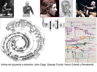 Arriba de izquierda a derecha: John Cage, George Crumb, Henry Cowell y Penderecki 