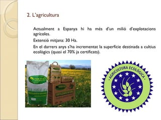 2. L’agricultura <ul><li>Actualment a Espanya hi ha més d’un milió d’explotacions agrícoles.  </li></ul><ul><li>Extensió m...
