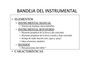 BANDEJA	
  DEL	
  INSTRUMENTAL	
  
•  ELEMENTOS	

–  INSTRUMENTAL MANUAL	

•  Sistema de bandejas intercambiables	

–  INSTRUMENTAL ROTATORIO	

•  Elemento propulsor de la fresa a alta velocidad	

•  Elemento propulsor de la fresa a media y baja velocidad	

•  Jeringa de triple función (aire, agua y spray)	

•  Otros elementos añadidos	

–  MANDOS	

•  Para posiciones del sillón *	

•  CARACTERÍSTICAS	

 