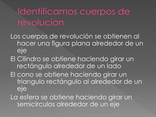 Los cuerpos de revolución se obtienen al
hacer una figura plana alrededor de un
eje
El Cilindro se obtiene haciendo girar un
rectángulo alrededor de un lado
El cono se obtiene haciendo girar un
triangulo rectángulo al alrededor de un
eje
La esfera se obtiene haciendo girar un
semicírculos alrededor de un eje
 
