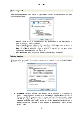 INTERNET
43
Pestaña Seguridad
En esta sección podremos elegir el nivel de Seguridad que vamos a establecer en las cuatro zonas
que define nuestra Red:
 Internet. Esta es la zona de sitios de páginas Web, exceptuando los que se encuentran en
Sitios de confianza y Sitios restringidos.
 Intranet local. Está en una Red que ha sido desarrollada y diseñada por una organización. En
el sitio de más confianza, por ejemplo, la Red interna de una empresa.
 Sitios de confianza. Podremos elegir los lugares de Internet que nosotros mismos
consideramos menos peligrosos para nuestro PC.
 Sitios restringidos. Serán aquellos que pueden dañar o perjudicar a nuestro PC.
Pestaña privacidad
En esta pestaña, veremos dos elementos importantes a tener en cuenta en Internet: las cookies y las
Ventanas emergentes.
1. Las cookies: Podríamos definirlas como archivos que se almacenan en el disco duro de
nuestro PC y que contienen los datos de la última página Web que visitó. Suele ser un
elemento muy útil al navegar por Internet, puesto que le permite no tener que recordar
cada dato de la página Web que queremos visitar. Por el contrario, almacenan información
que no nos interesa divulgar. Por ese motivo, esta pestaña le permite establecer el nivel de
privacidad que más le convenga, así como bloquear estas cookies para que no se pueda
acceder a ellas.
 