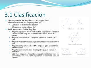 3.1 Clasificación
 Si comparamos los ángulos con un ángulo llano,
  obtendremos que un ángulo puede ser:
    Convexo: si mide menos de 180 º
    Cóncavo : si mide más de 180º
 Posición relativa de dos ángulos:
    Ángulos opuestos por el vértice: Son ángulos que tienen en
       común un vértice y sus lados están sobre las mismas
       rectas.
    Ángulos consecutivos: Tienen en común el vértice y el
       lado.
    Ángulos Adyacentes: dos ángulos consecutivos que formen
       180º
    Ángulos complementarios: Dos ángulos que, al sumarlos
       dan uno recto.
    Ángulos suplementarios: Dos ángulos que, al sumarlos
       dan 180º.
    OJO: Los ángulos adyacentes son suplementarios, pero los
       suplementarios sólo serán adyacentes si tienen un lado en
       común.
 