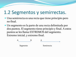 1.2 Segmentos y semirrectas.
 Una semirrecta es una recta que tiene principio pero
  no final.
 Un segmento es la parte de una recta delimitada por
  dos puntos. El segmento tiene principio y final. A estos
  puntos se les llama EXTREMOS del segmento.
  Extremo inicial, y extremo final.
          A              B     A

              Segmento             Semirrecta
 
