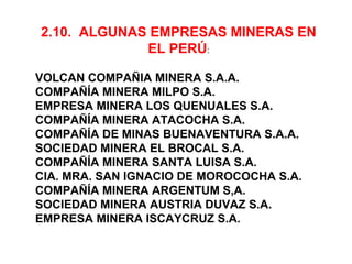 2.10. ALGUNAS EMPRESAS MINERAS EN 
EL PERÚ: 
VOLCAN COMPAÑIA MINERA S.A.A. 
COMPAÑÍA MINERA MILPO S.A. 
EMPRESA MINERA LOS QUENUALES S.A. 
COMPAÑÍA MINERA ATACOCHA S.A. 
COMPAÑÍA DE MINAS BUENAVENTURA S.A.A. 
SOCIEDAD MINERA EL BROCAL S.A. 
COMPAÑÍA MINERA SANTA LUISA S.A. 
CIA. MRA. SAN IGNACIO DE MOROCOCHA S.A. 
COMPAÑÍA MINERA ARGENTUM S,A. 
SOCIEDAD MINERA AUSTRIA DUVAZ S.A. 
EMPRESA MINERA ISCAYCRUZ S.A. 
 