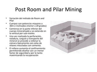 Post Room and Pilar Mining 
• Variación del método de Room and 
Pilar 
• Cuerpos con potencias mayores a 
30m e inclinados (menor a 20 grados) 
• Comienza en la parte inferior del 
cuerpo mineralizado y se extiende en 
la vertical por sub-niveles 
• Una vez realizada la perforación, 
voladura, carguío y transporte del 
mineral se procede a rellenar la 
cámara típicamente con colas de 
relaves mezcladas con cemento. 
• El relleno aumenta el confinamiento 
permitiendo diseñar con un menor 
factor de seguridad y por lo tanto 
maximizando la recuperación 
 