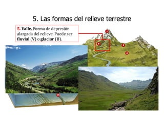 5. Valle. Forma de depresión
alargada del relieve. Puede ser
fluvial (V) o glaciar (U).
5. Las formas del relieve terrestre
 
