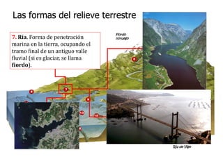 Las formas del relieve terrestre
7. Ría. Forma de penetración
marina en la tierra, ocupando el
tramo final de un antiguo valle
fluvial (si es glaciar, se llama
fiordo).
Ría de Vigo
Fiordo
noruego
 