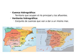 – Cuenca hidrográfica:
•
Territorio que ocupan el río principal y los afluentes.
– Vertiente hidrográfica:
•
Conjunto de cuencas que van a dar a un mismo mar.
 