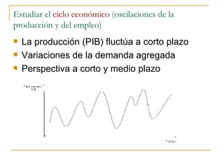 Estudiar el  ciclo económico  (oscilaciones de la producción y del empleo) La producción (PIB) fluctúa a corto plazo Variaciones de la demanda agregada Perspectiva a corto y medio plazo 