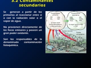 3.2 Contaminantes secundarios Se  generan a partir de los primarios al reaccionar entre sí o con la radiación solar o el vapor de agua. No provienen directamente de los focos emisores y poseen un gran poder oxidante.  Son los responsables de la denominada contaminación fotoquímica.  