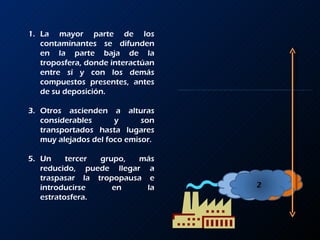 La mayor parte de los contaminantes se difunden en la parte baja de la troposfera, donde interactúan entre sí y con los demás compuestos presentes, antes de su deposición.  Otros ascienden a alturas considerables y son transportados hasta lugares muy alejados del foco emisor.  Un tercer grupo, más reducido, puede llegar a traspasar la tropopausa e introducirse en la estratosfera. 1 3 2 
