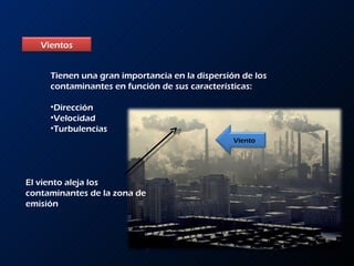 Tienen una gran importancia en la dispersión de los contaminantes en función de sus características: Dirección Velocidad Turbulencias El viento aleja los contaminantes de la zona de emisión Vientos Viento 