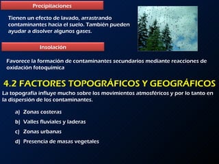 4.2 FACTORES TOPOGRÁFICOS Y GEOGRÁFICOS Tienen un efecto de lavado, arrastrando contaminantes hacia el suelo. También pueden ayudar a disolver algunos gases. Favorece la formación de contaminantes secundarios mediante reacciones de oxidación fotoquímica La topografía influye mucho sobre los movimientos atmosféricos y por lo tanto en la dispersión de los contaminantes. Zonas costeras Valles fluviales y laderas Zonas urbanas Presencia de masas vegetales Precipitaciones Insolación 