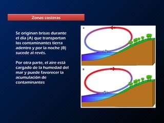 Se originan brisas durante el día (A) que transportan los contaminantes tierra adentro y por la noche (B) sucede al revés.  Por otra parte, el aire está cargado de la humedad del mar y puede favorecer la acumulación de contaminantes Zonas costeras 