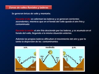 Se generan brisas de valle y montaña.  Durante el día  se calientan las laderas y se generan corrientes ascendentes, mientras que en el fondo del valle queda el aire frío y contaminado Durante la noche  el aire frío desciende por las laderas, y se acumula en el fondo del valle, llegando a la misma situación anterior. Además las propias laderas dificultan el movimiento del aire y por lo tanto la dispersión de los  contaminantes Zonas de valles fluviales y laderas 