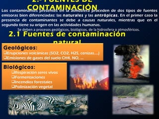 2.- FUENTES DE CONTAMINACIÓN Los contaminantes presentes en la atmósfera proceden de dos tipos de fuentes emisoras bien diferenciadas: las  naturales  y las  antrópicas . En el primer caso la presencia de contaminantes se debe a causas naturales, mientras que en el segundo tiene su origen en las actividades humanas.  2.1 Fuentes de contaminación natural Se deben a procesos geológicos, biológicos, de la hidrosfera o atmosféricos. Geológicos :  Erupciones volcánicas (SO2, CO2, H2S, cenizas….) Emisiones de gases del suelo CH4, NO, … Biológicos :  Respiración seres vivos Fermentaciones Incendios forestales Polinización vegetal 