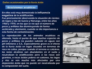 Daños ocasionados por la lluvia ácida En ellos está muy demostrada la  influencia negativa  de la acidificación.  Fue precisamente observando la situación de cientos de lagos y ríos de Suecia y Noruega, entre los años 1960 y 1970, en los que se vio que el número de peces y anfibios iba disminuyendo de forma acelerada y alarmante, cuando se dio importancia a esta forma de contaminación.  La reproducción de los animales acuáticos es alterada, hasta el punto de que muchas especies de peces y anfibios no pueden subsistir en aguas con pH inferiores a 5,5,. Especialmente grave es el efecto de la lluvia ácida en lagos situados en terrenos de roca no caliza, porque cuando el terreno es calcáreo, los iones alcalinos son abundantes en el suelo y neutralizan la acidificación; pero si las rocas son granitos, o rocas ácidas pobres en cationes, los lagos y ríos se ven mucho más afectados por una deposición ácida que no puede ser neutralizada por la composición del suelo.  Ecosistemas acuáticos 