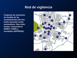 Red de vigilancia Conjunto de estaciones de medida de los contaminantes del aire, tanto manuales como automáticos. Hay redes locales, comunitarias (EMEP, CAMP) y mundiales (BAPMON). 