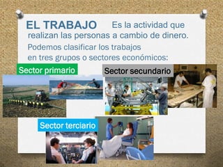 EL TRABAJO              Es la actividad que
  realizan las personas a cambio de dinero.
  Podemos clasificar los trabajos
...