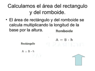 Calculamos el área del rectangulo y del romboide. El área de rectángulo y del romboide se calcula multiplicando la longitud de la base por la altura.