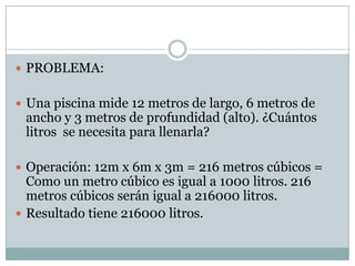  PROBLEMA:


 Una piscina mide 12 metros de largo, 6 metros de
 ancho y 3 metros de profundidad (alto). ¿Cuántos
 litros se necesita para llenarla?

 Operación: 12m x 6m x 3m = 216 metros cúbicos =
  Como un metro cúbico es igual a 1000 litros. 216
  metros cúbicos serán igual a 216000 litros.
 Resultado tiene 216000 litros.
 