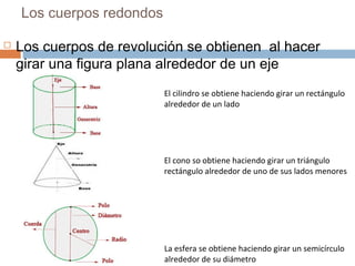 Los cuerpos redondos
 Los cuerpos de revolución se obtienen al hacer
girar una figura plana alrededor de un eje
El cilindro se obtiene haciendo girar un rectángulo
alrededor de un lado
El cono so obtiene haciendo girar un triángulo
rectángulo alrededor de uno de sus lados menores
La esfera se obtiene haciendo girar un semicírculo
alrededor de su diámetro
 