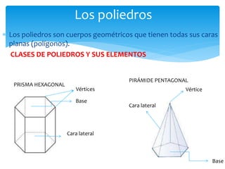  Los poliedros son cuerpos geométricos que tienen todas sus caras
planas (polígonos).
CLASES DE POLIEDROS Y SUS ELEMENTOS
Los poliedros
PRISMA HEXAGONAL
PIRÁMIDE PENTAGONAL
Vértices
Base
Cara lateral
Vértice
Base
Cara lateral
 
