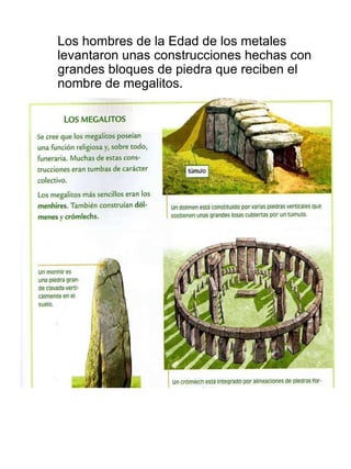 Los hombres de la Edad de los metales levantaron unas construcciones hechas con grandes bloques de piedra que reciben el nombre de megalitos. 