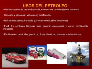 <ul><li>USOS DEL PETROLEO   </li></ul><ul><li>Gases licuados de uso en industria, calefacción, uso doméstico, calderas.  <...