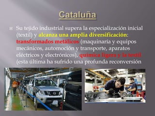  Su tejido industrial supera la especialización inicial
(textil) y alcanza una amplia diversificación:
transformados metálicos (maquinaría y equipos
mecánicos, automoción y transporte, aparatos
eléctricos y electrónicos), química ligera y la textil
(esta última ha sufrido una profunda reconversión
 