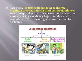  Así pues, los tres sectores de la economía
española muestran un distinto comportamiento:
mientras que el primario es descendente, irregular
el secundario (con alzas y bajas debidas a la
coyuntura), el terciario registra un crecimiento
sostenido.
 