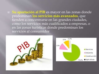  Su aportación al PIB es mayor en las zonas donde
predominan los servicios más avanzados, que
tienden a concentrarse en las grandes ciudades,
como los servicios más cualificados a empresas, o
en las zonas turísticas donde predominan los
servicios al consumidor
 
